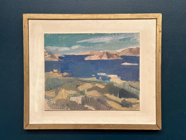 Original Swedish Oil on Panel - "Water Landscape" by Leo Janis - Signed - Vintage and Framed - 59 × 49 cm (23.2" × 19.2")