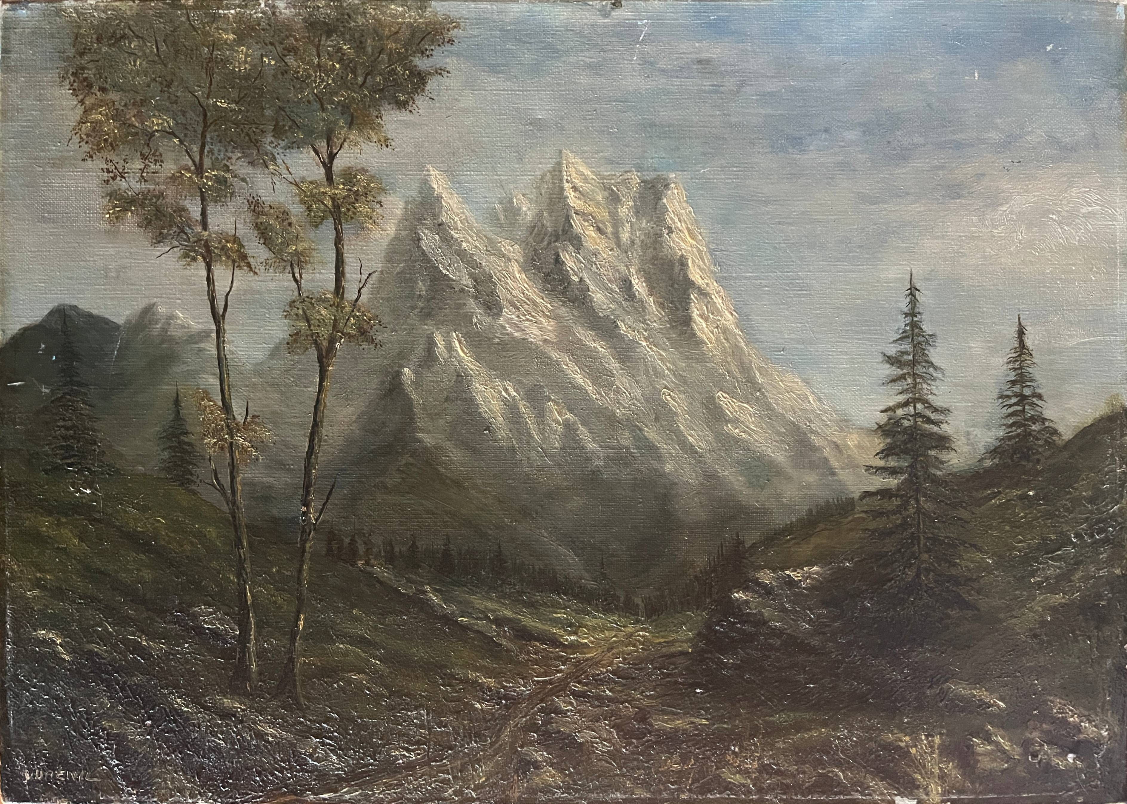 Mountain painting with path between trees signed Dumenil