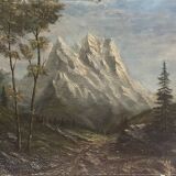 Mountain painting with path between trees signed Dumenil