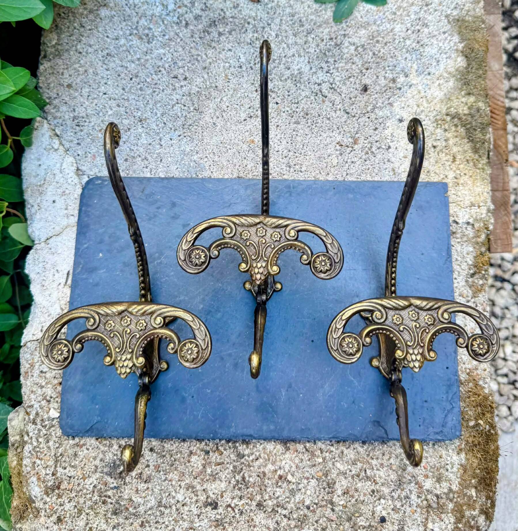 3 vintage Italian baroque brass coat hooks
