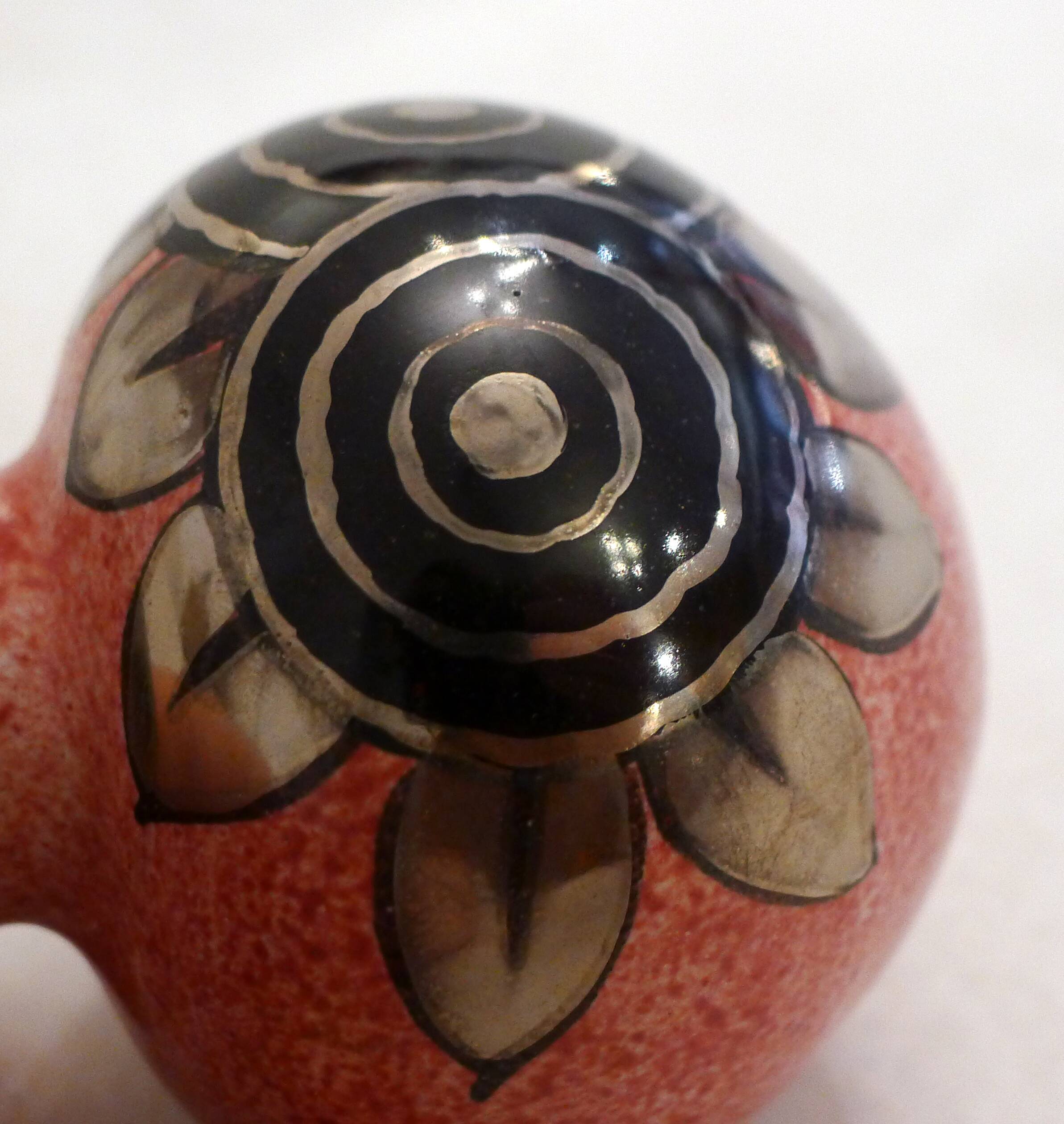 Small Art Deco round vase signed A. Renoleau, stylised floral decoration 1920s.