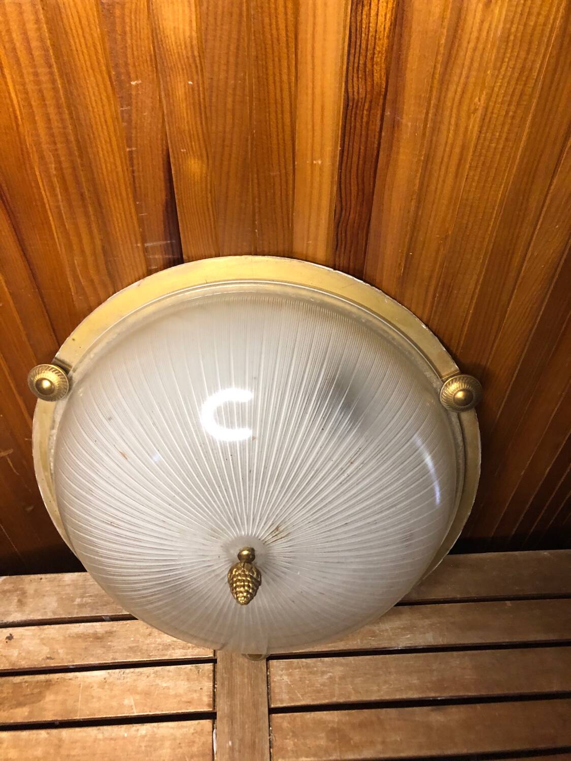 Old molded glass ceiling light + gold metal contour + vintage brass #a491
