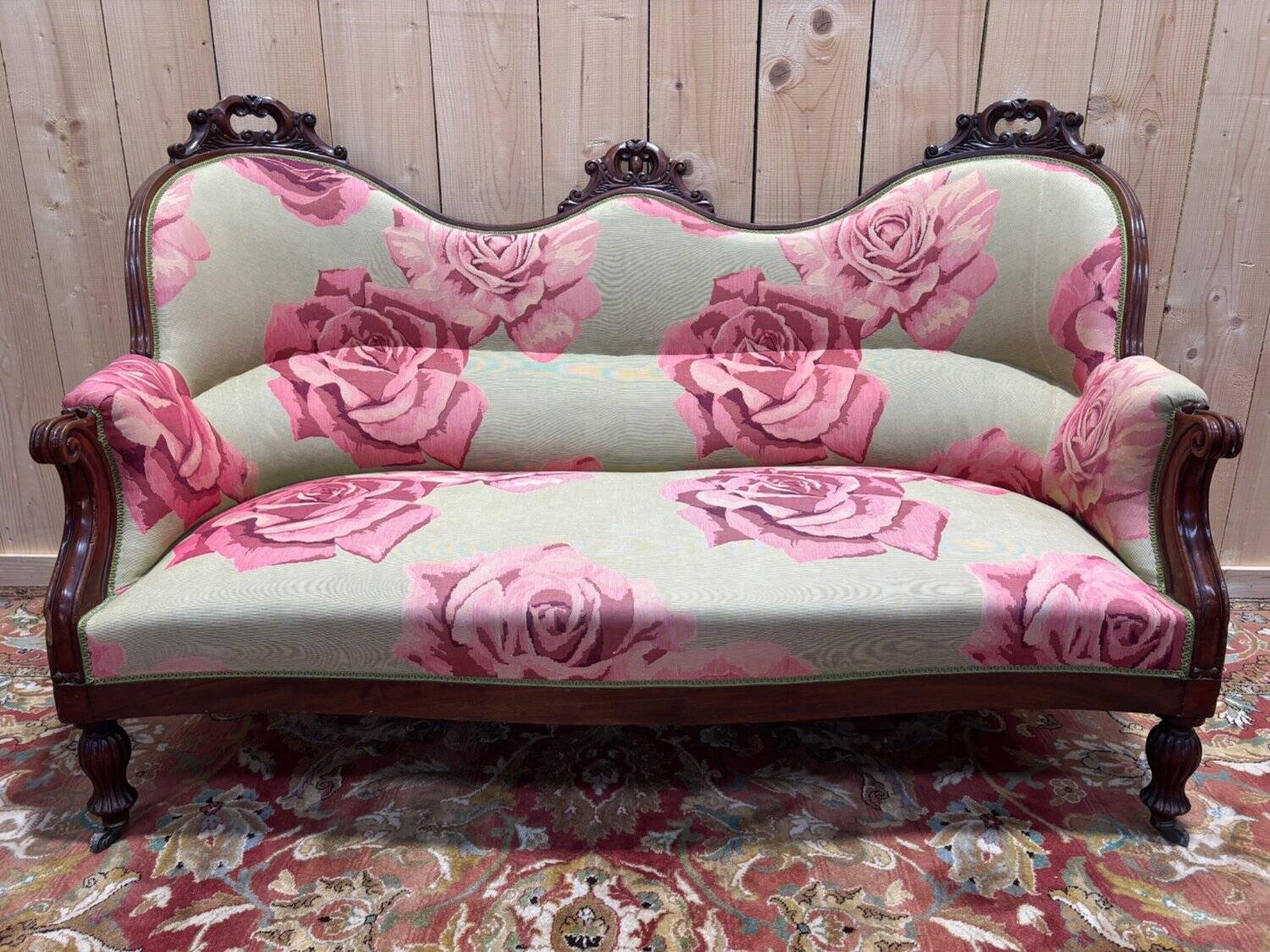 Napoleon III salon set 9 pieces solid mahogany rose fabric