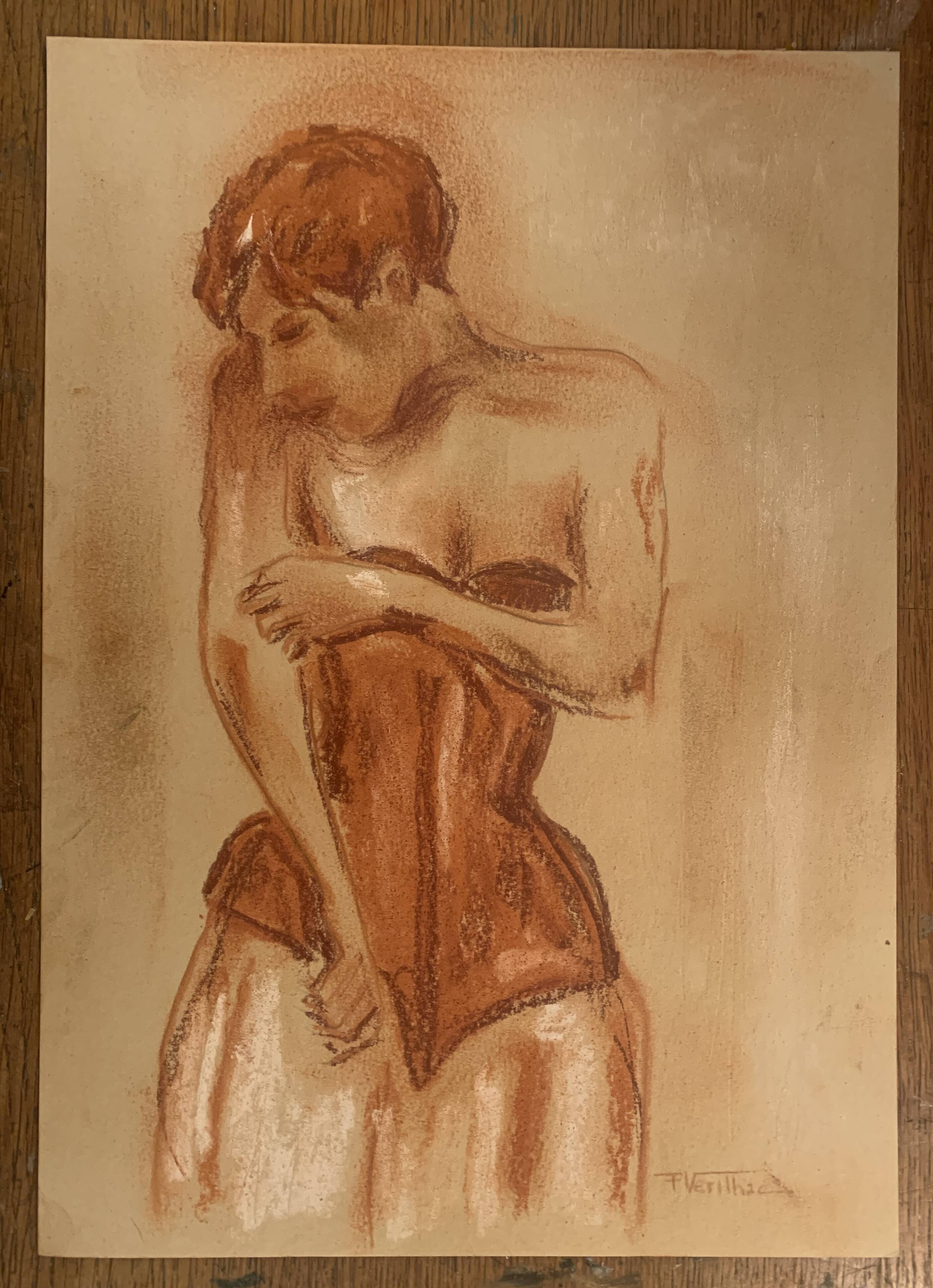 Signed pastel painting, female portrait, Belle Epoque “The Corset”