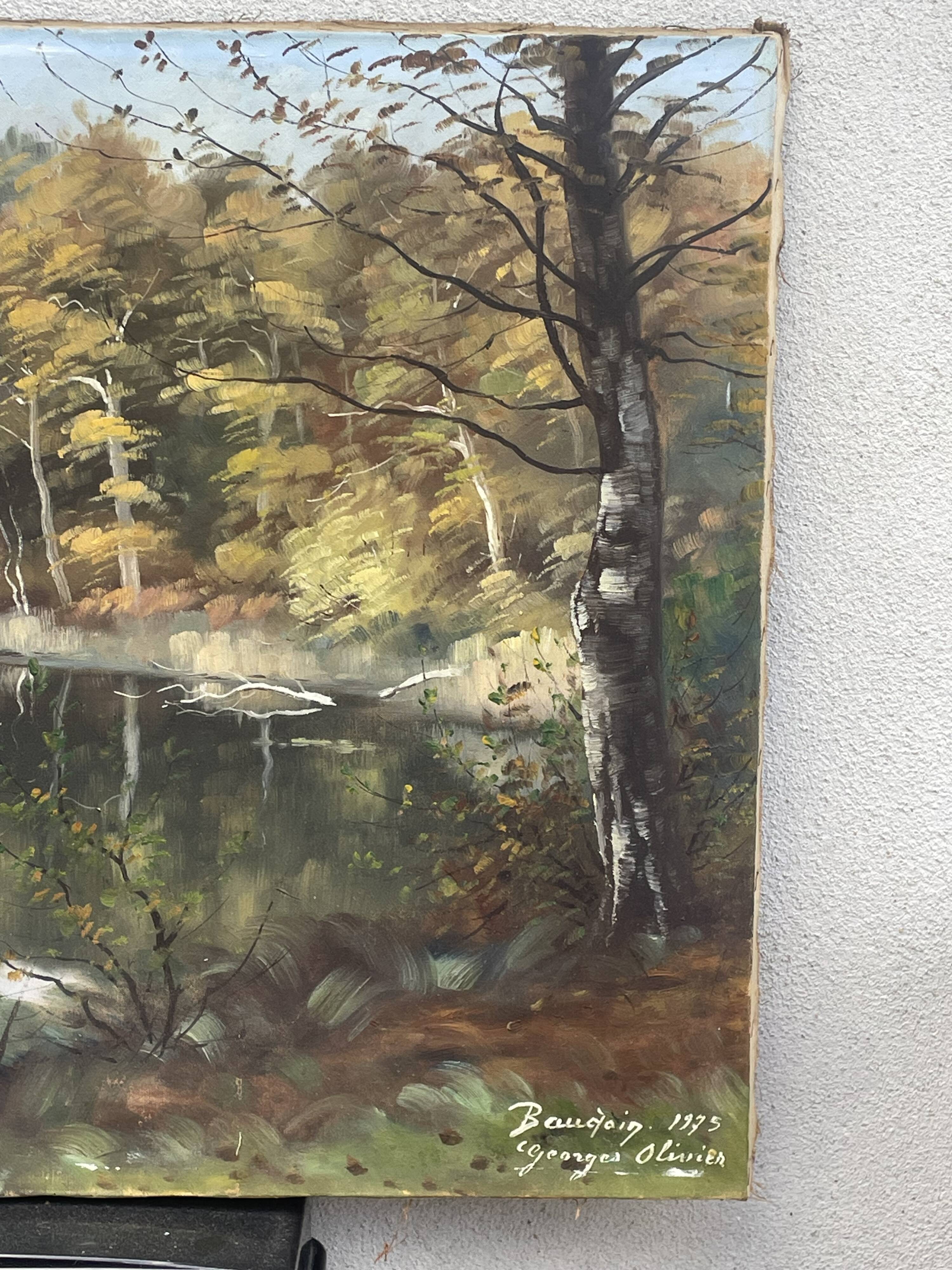 Oil on canvas lake landscape signed go baudoin xxth - 1975