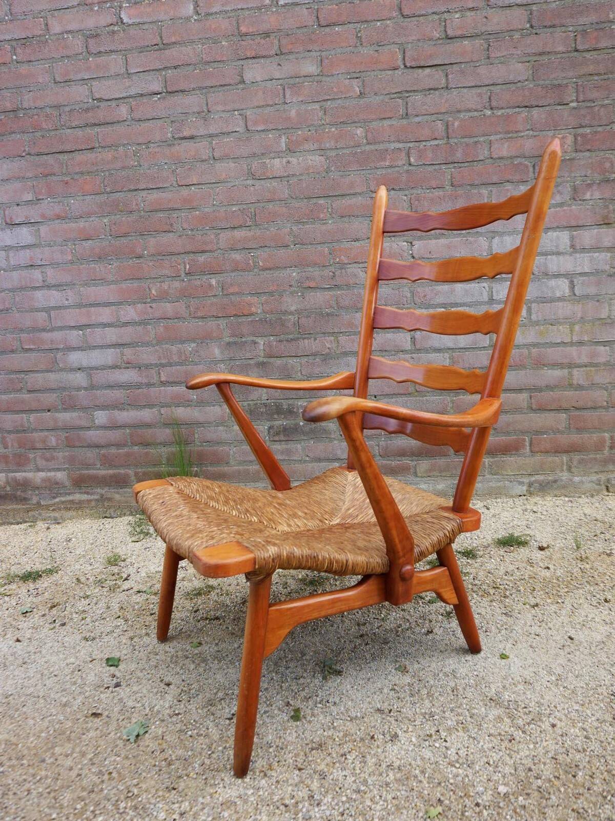 Fauteuil à dossier haut en osier des années 50 néerlandais par De Ster Gelderland