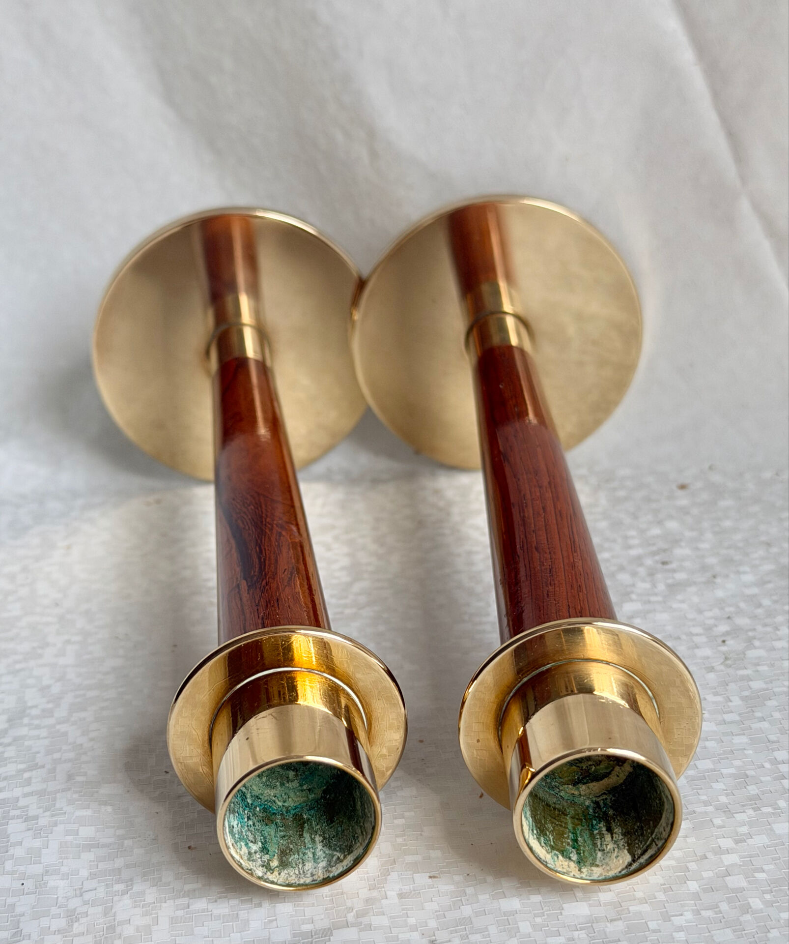 Pair of Danish Art Deco Candle Holders  in Wood & Brass