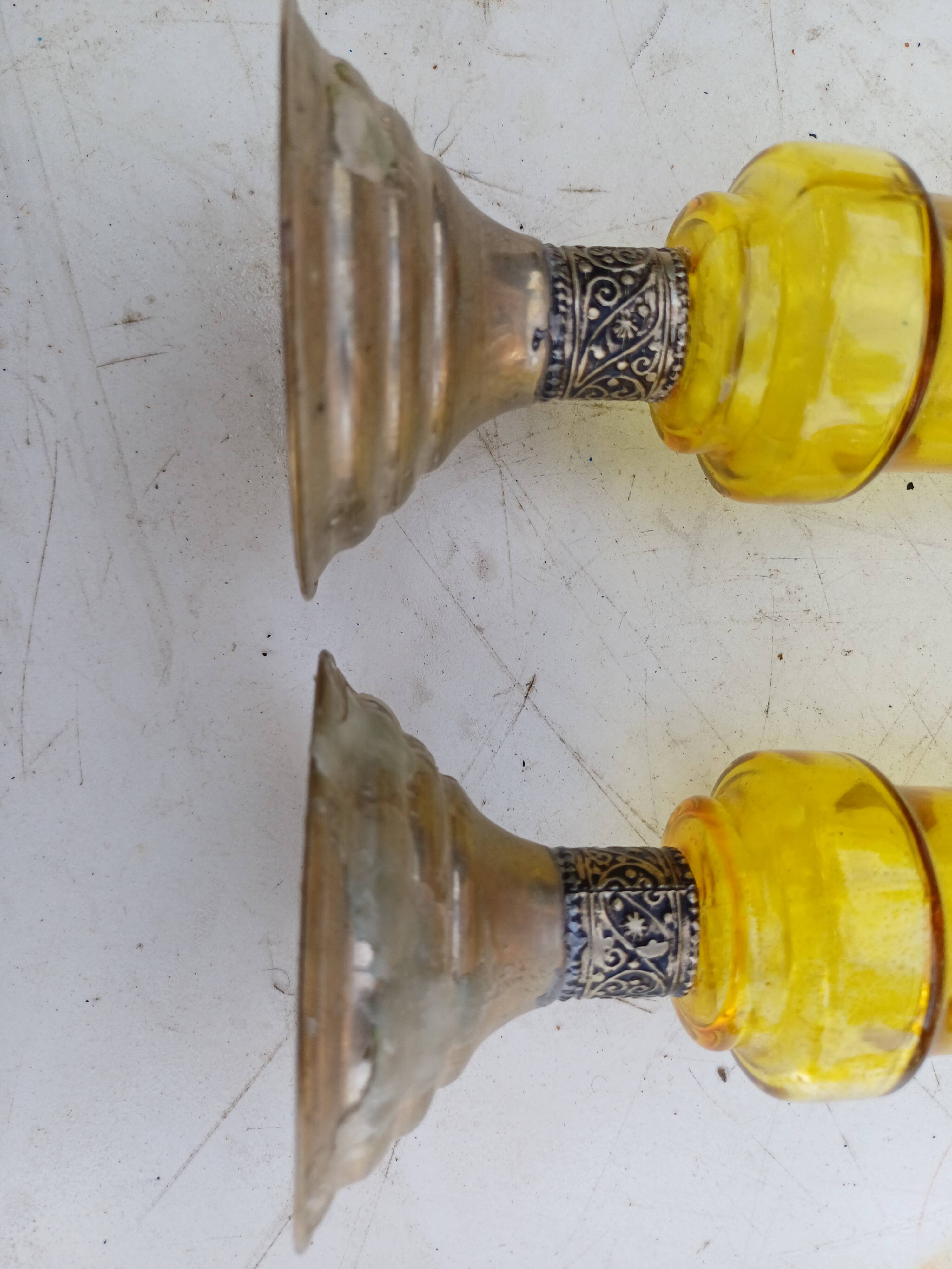 Pair of Silver Metal Candlesticks, Yellow Glass