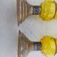 Pair of Silver Metal Candlesticks, Yellow Glass