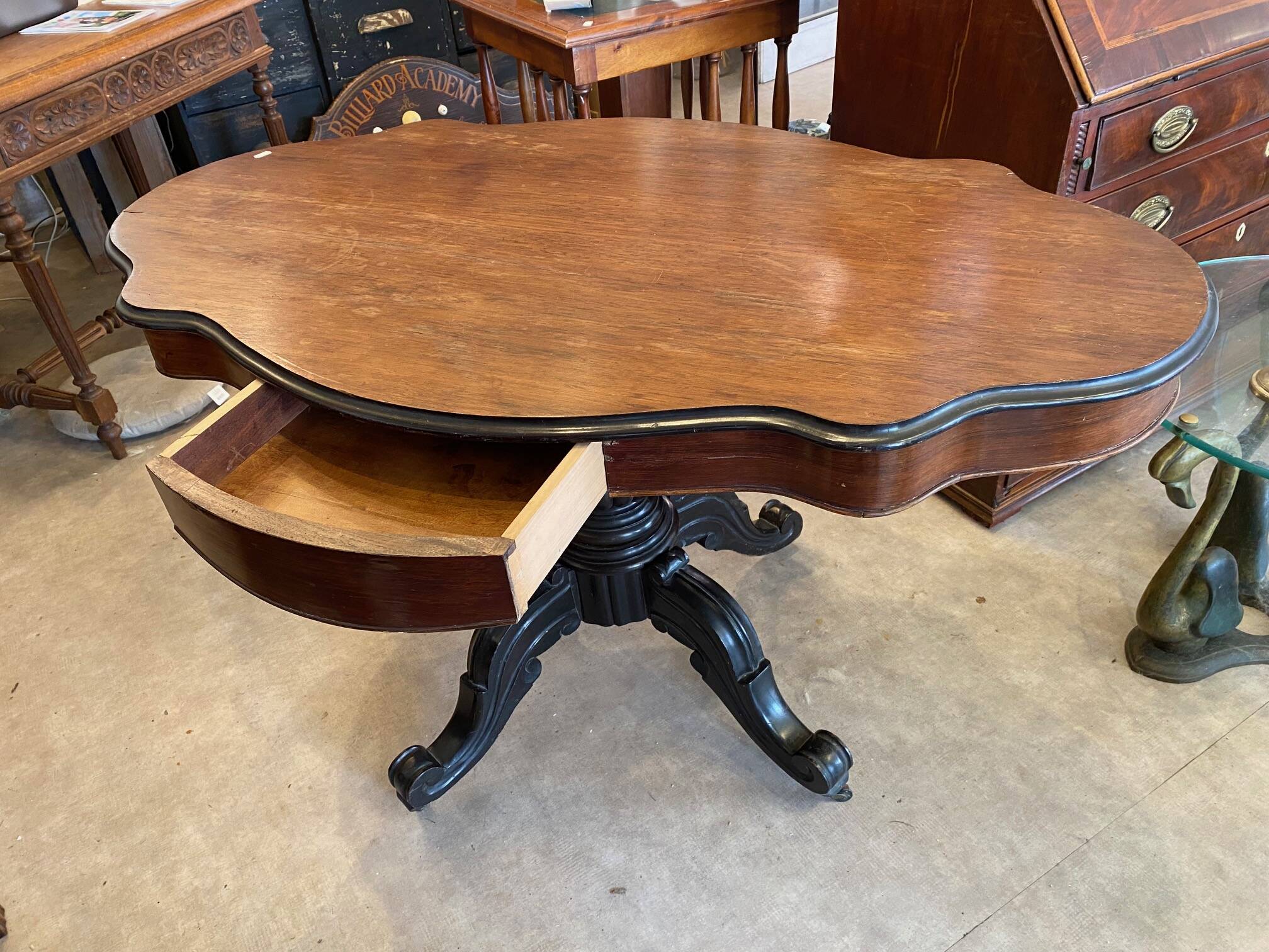 napoleon iii violin table mahogany top with drawers legs with castors