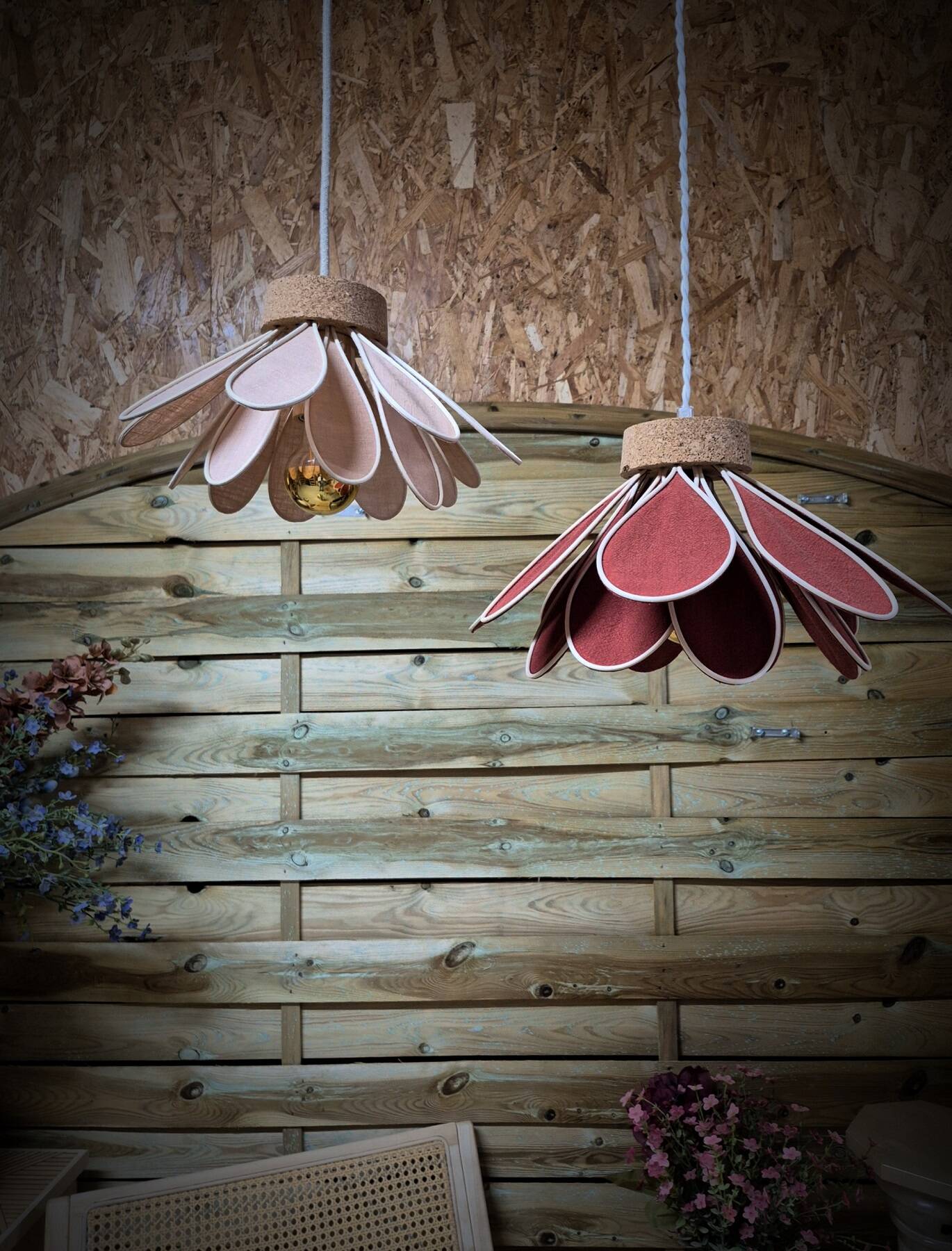 Iris flower pendant, 16 petals in terracotta rattan and linen.