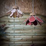 Iris flower pendant, 16 petals in terracotta rattan and linen.