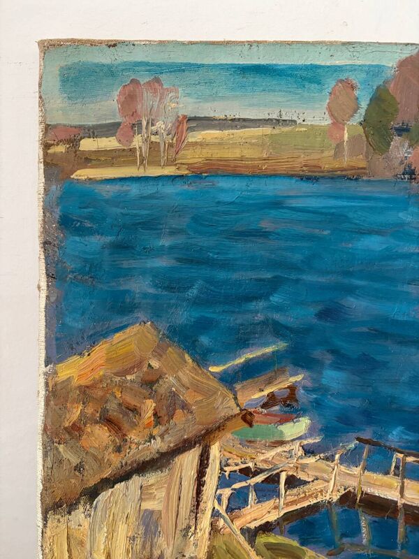 Huile sur toile  ''Bateaux à rames sur le ponton
