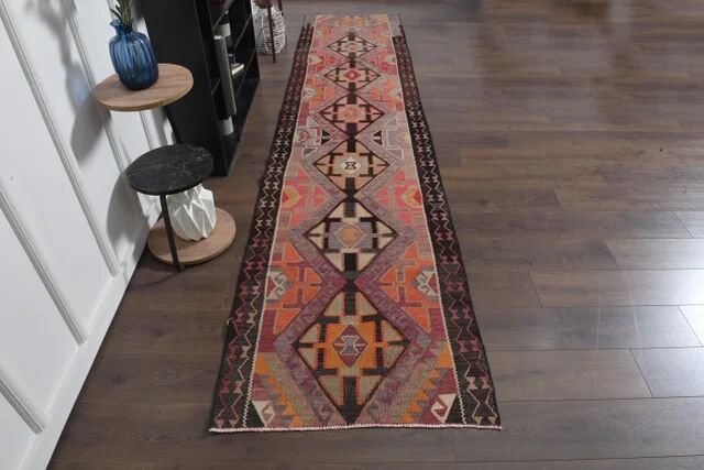 1970s Turkish Oushak Handmade Wool Cotton Orange Runner Rug 90x400
