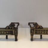 Paire de chenets d'époque Empire en bronze représentant des lions allongés