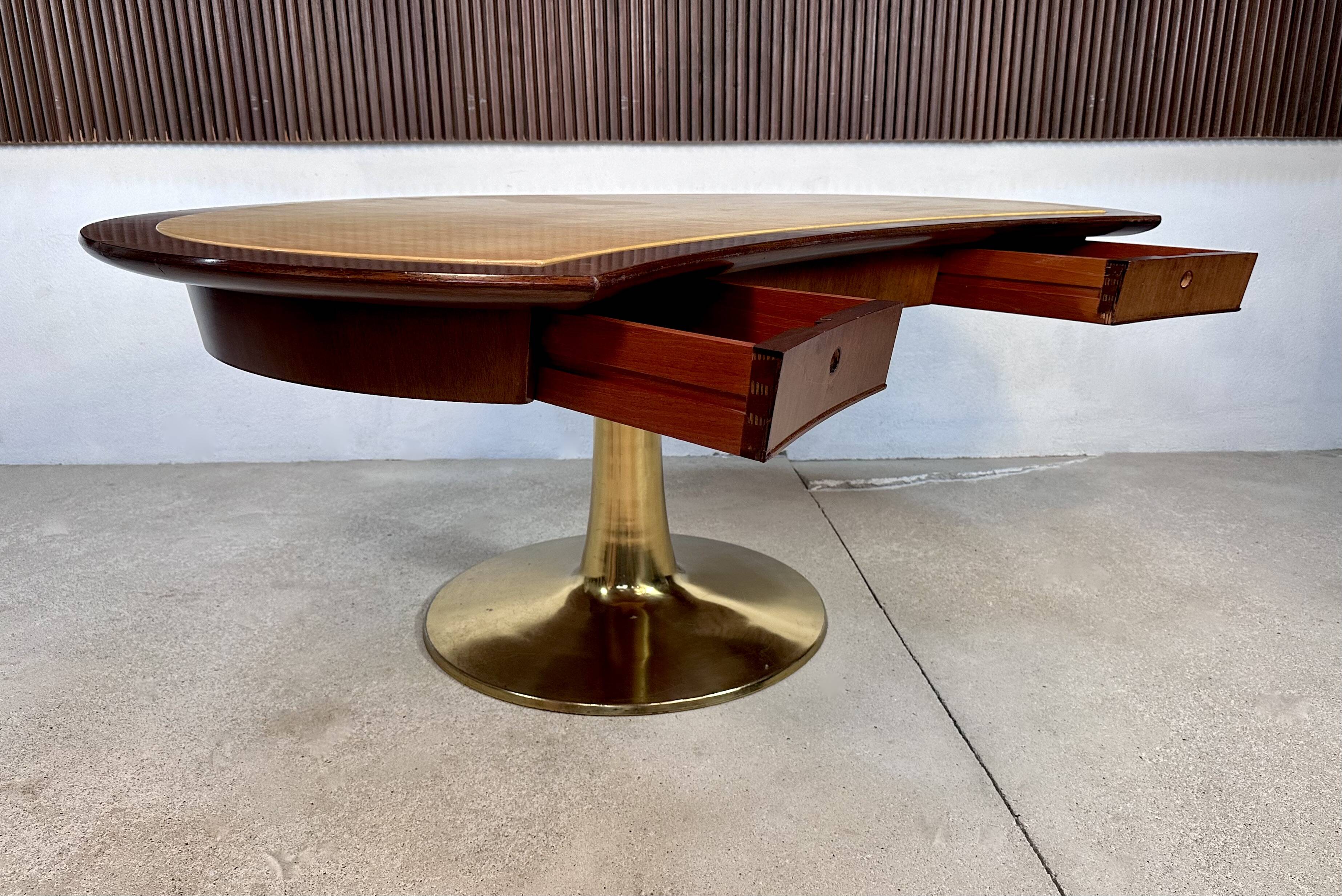 Large Italian Single Column Crescent-Shaped Desk in Goat Skin & Brass 1950s
