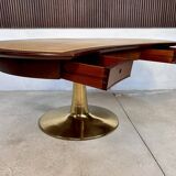 Large Italian Single Column Crescent-Shaped Desk in Goat Skin & Brass 1950s