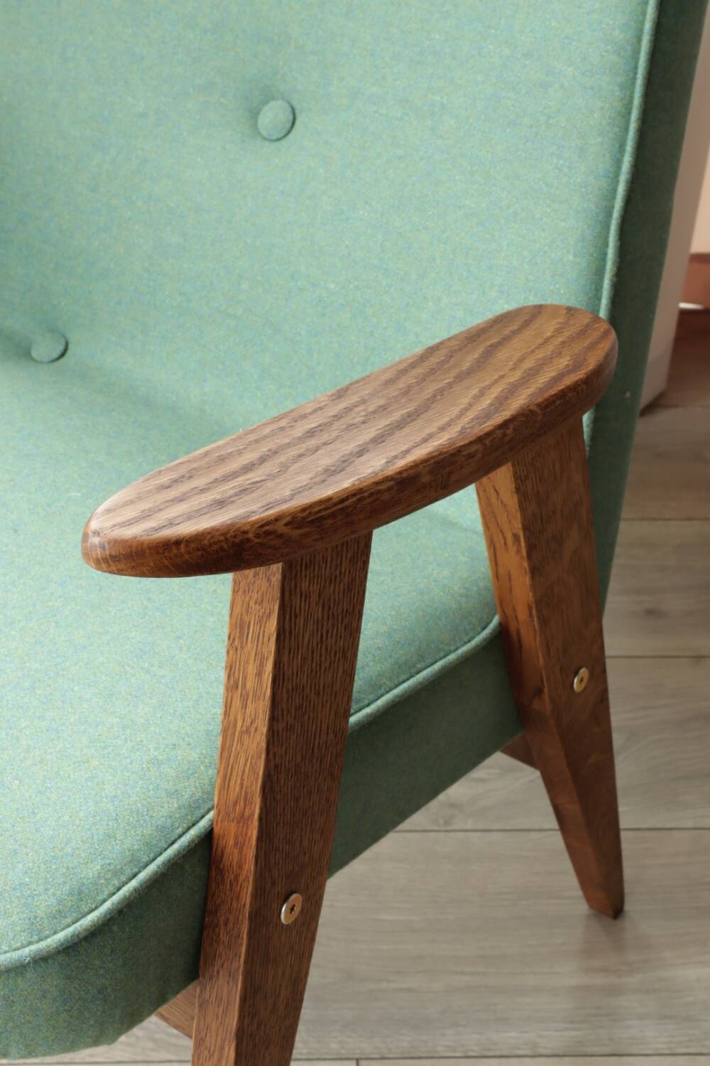 Vintage rustic oak armchair in green wool, 1960s