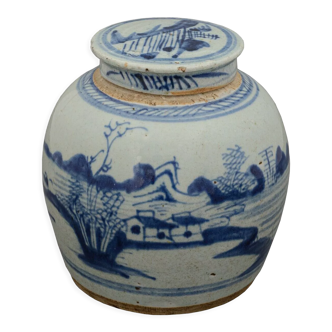 Covered pot with blue and white ginger china eighteenth landscape decor