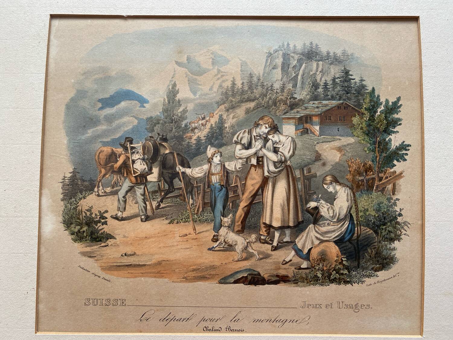 Grande gravure ancienne suisse « le départ pour la montagne »