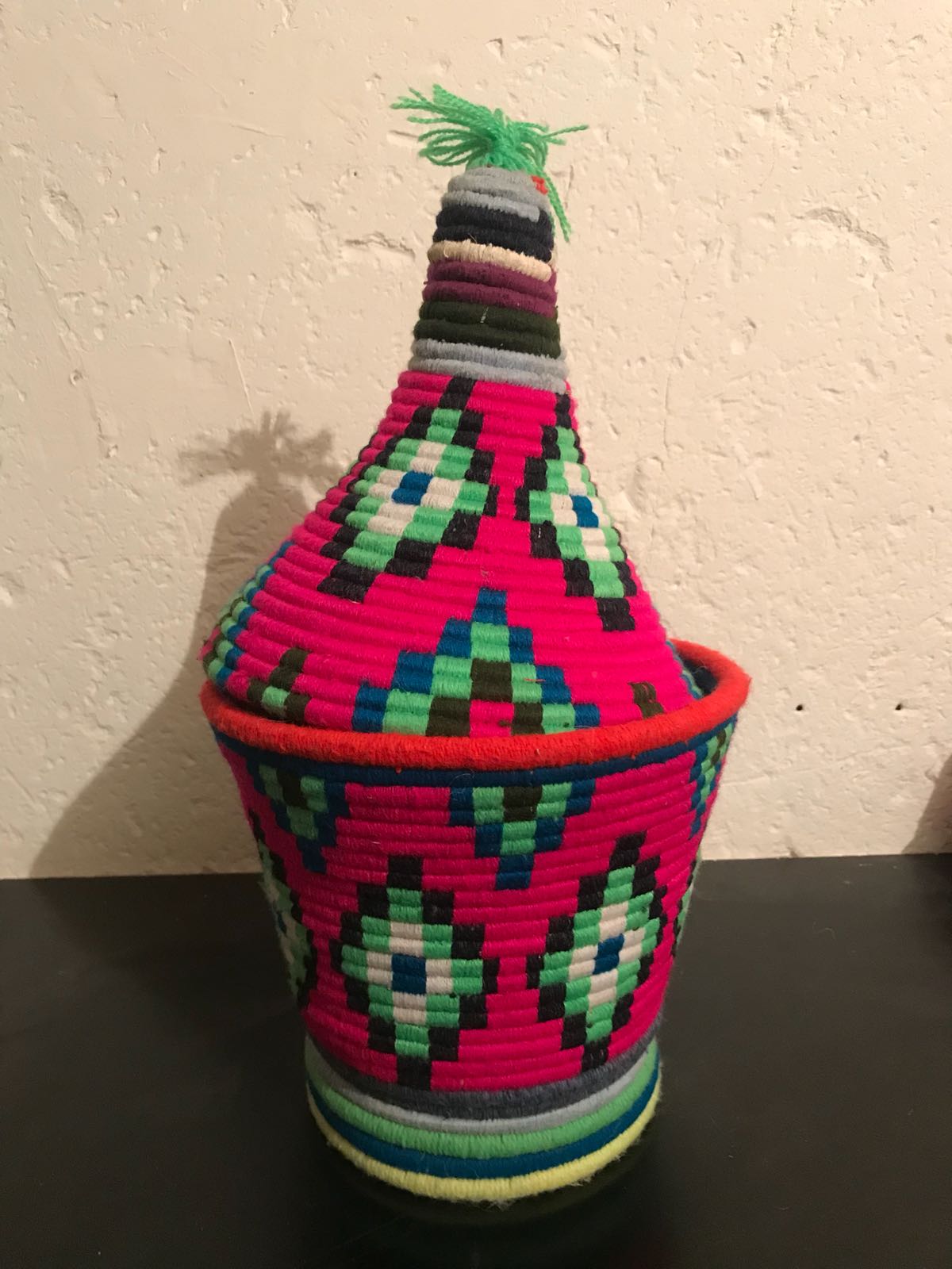 Berber wool and red and green raffia basket