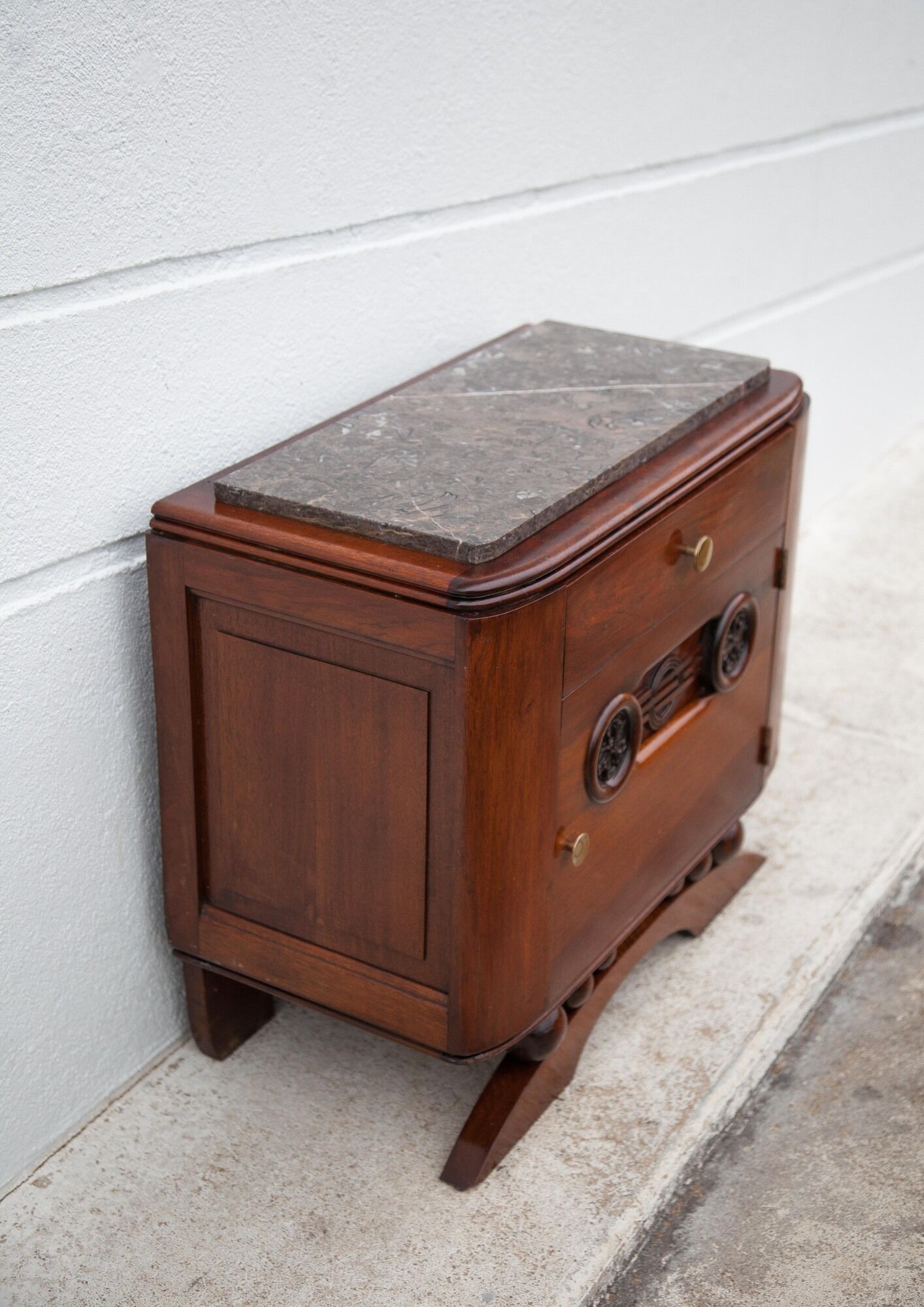Art Deco bedside table, wood and marble deco nightstand, end of sofa, art deco