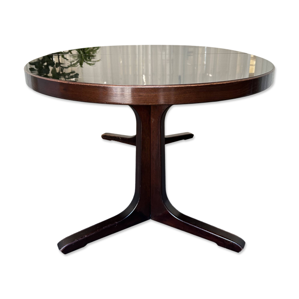 Table ronde extensible de style Baumann, plateau laqué noir, piètement pied