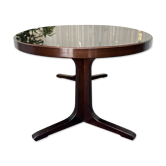 Table ronde extensible de style Baumann, plateau laqué noir, piètement pied