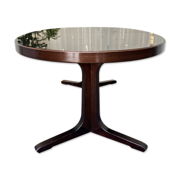 Extendable round table in Baumann style, black lacquered top, pedestal base.