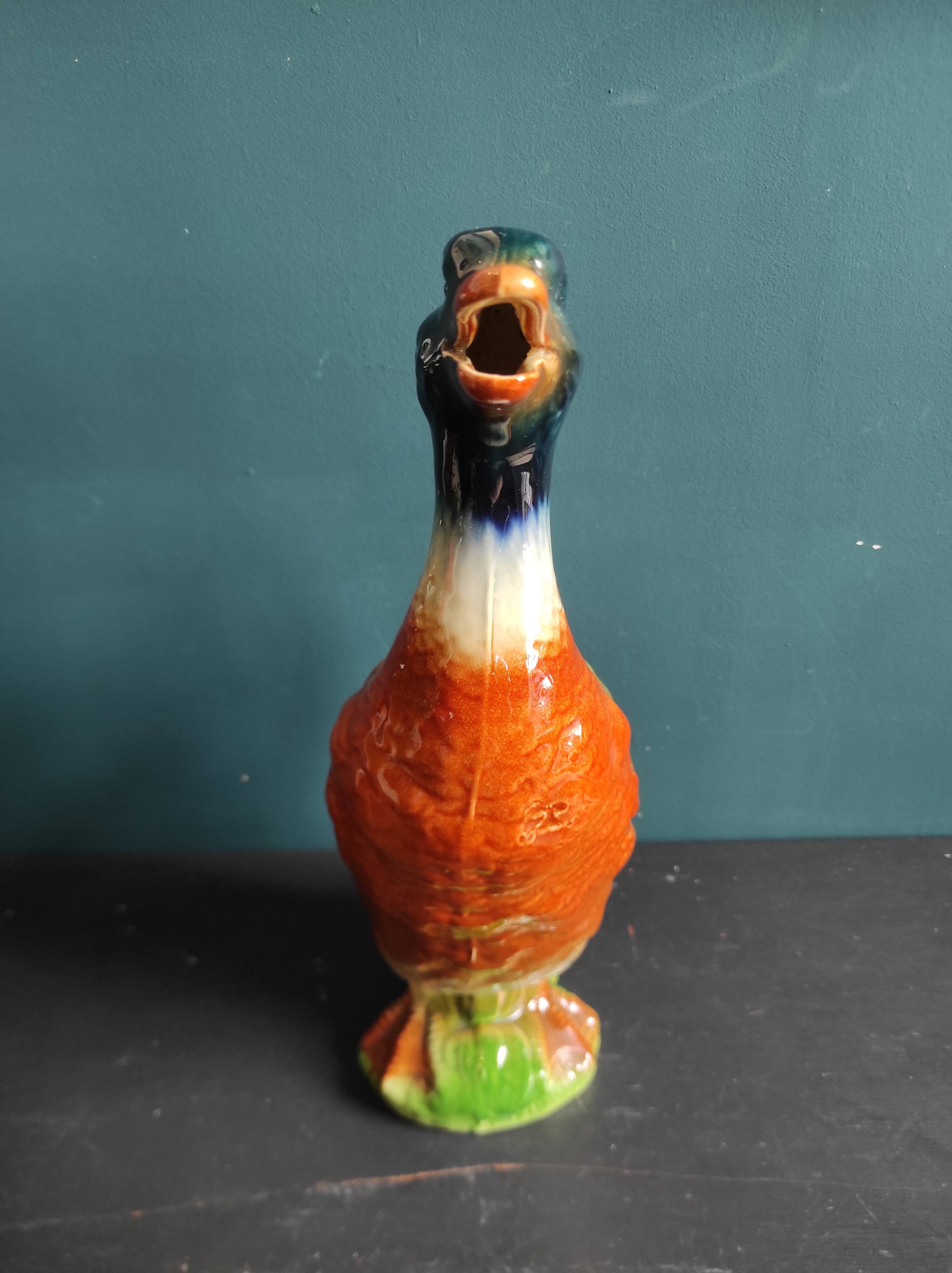 Pichet vintage français en forme de canard, Saint Clément, barbotine