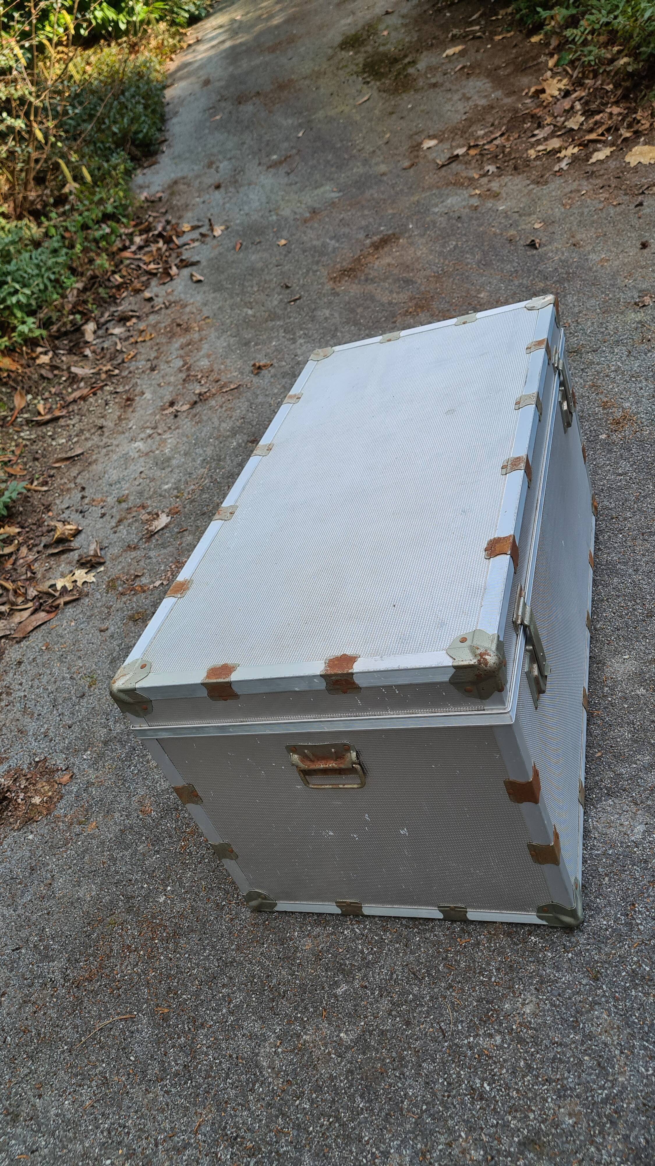 Old metal aluminum trunk / mail trunk / industrial / interior fabric
