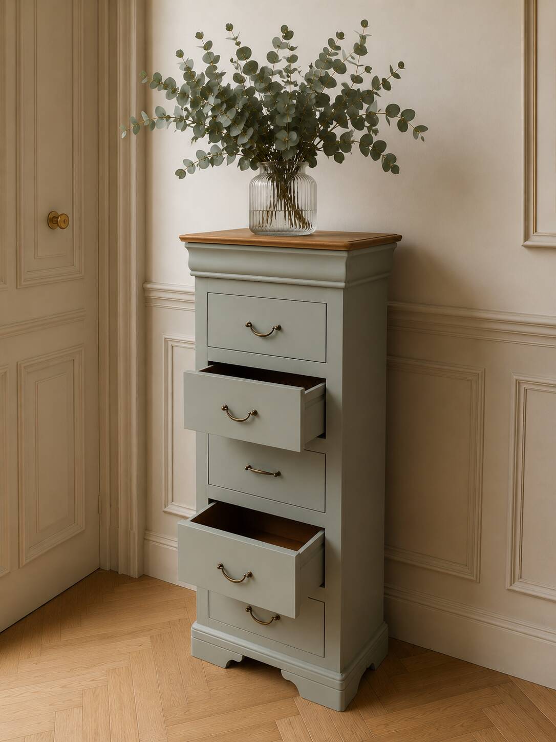 Louis-Philippe style chiffonnier in grey-green, wooden top.