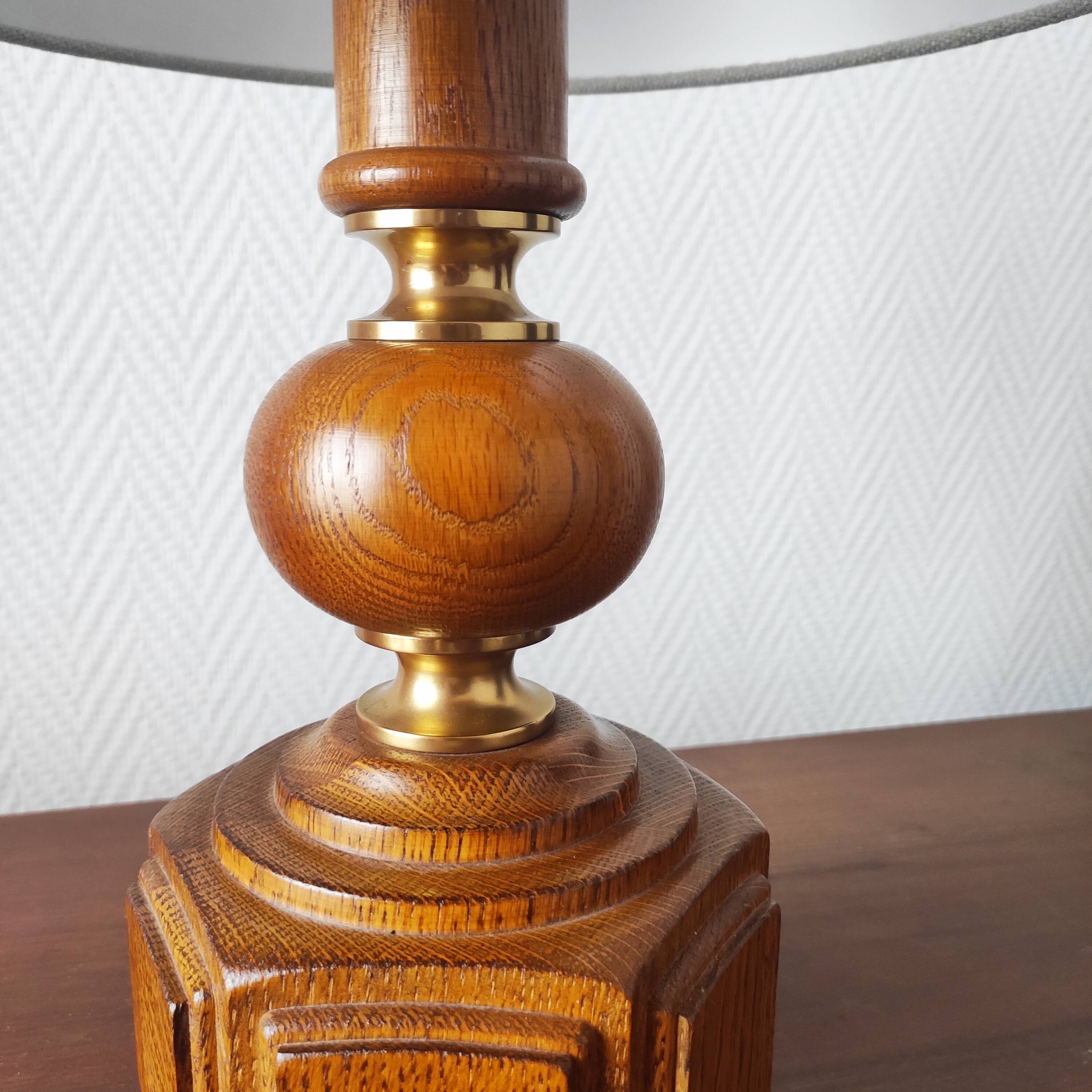 Vintage 70s salon lamp made of turned and sculpted oak wood.