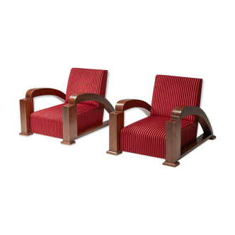 French Art Deco Lounge Chairs in Red Striped Velvet and with Swoosh Armrests - 1940's