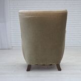 1960s, Danish armchair, green furniture velour, oak wood legs.