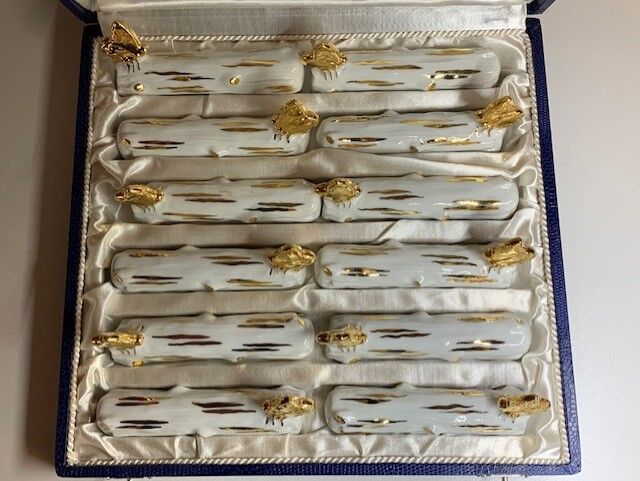 Box of 12 knife holders art nouveau gilded ceramic butterflies