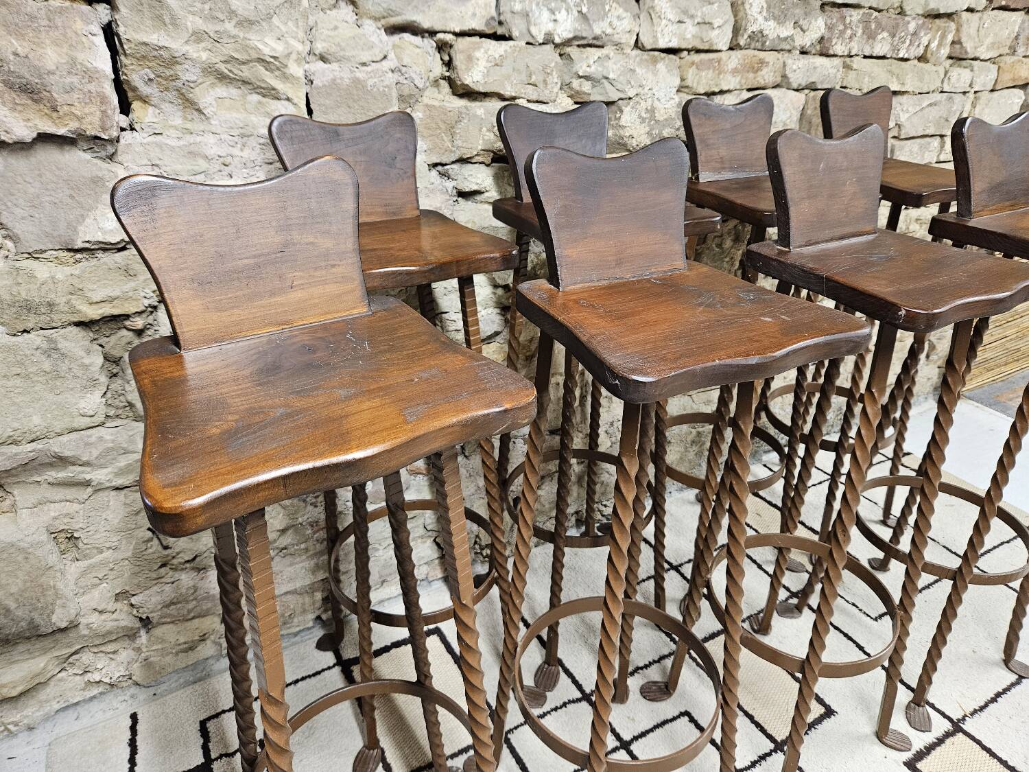 Set of 8 brutalist wrought iron bar stools 1970"