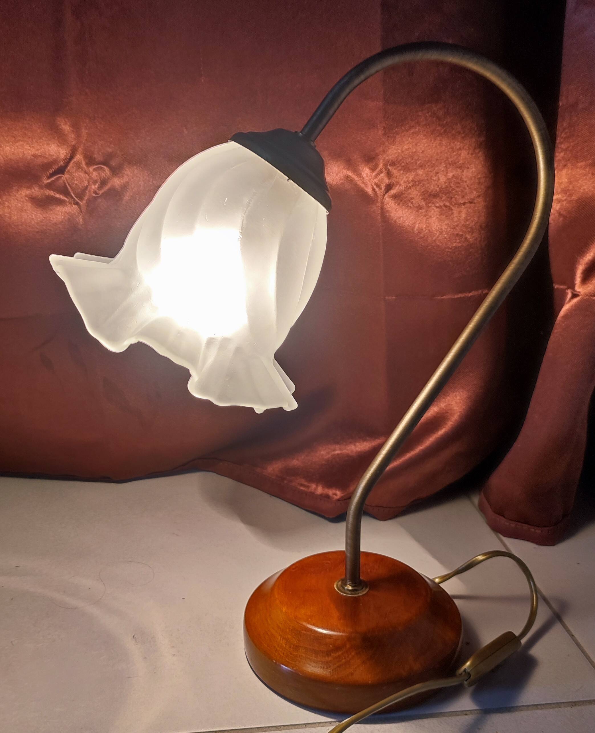 Brass and glass swan neck desk lamp in Art Nouveau style.