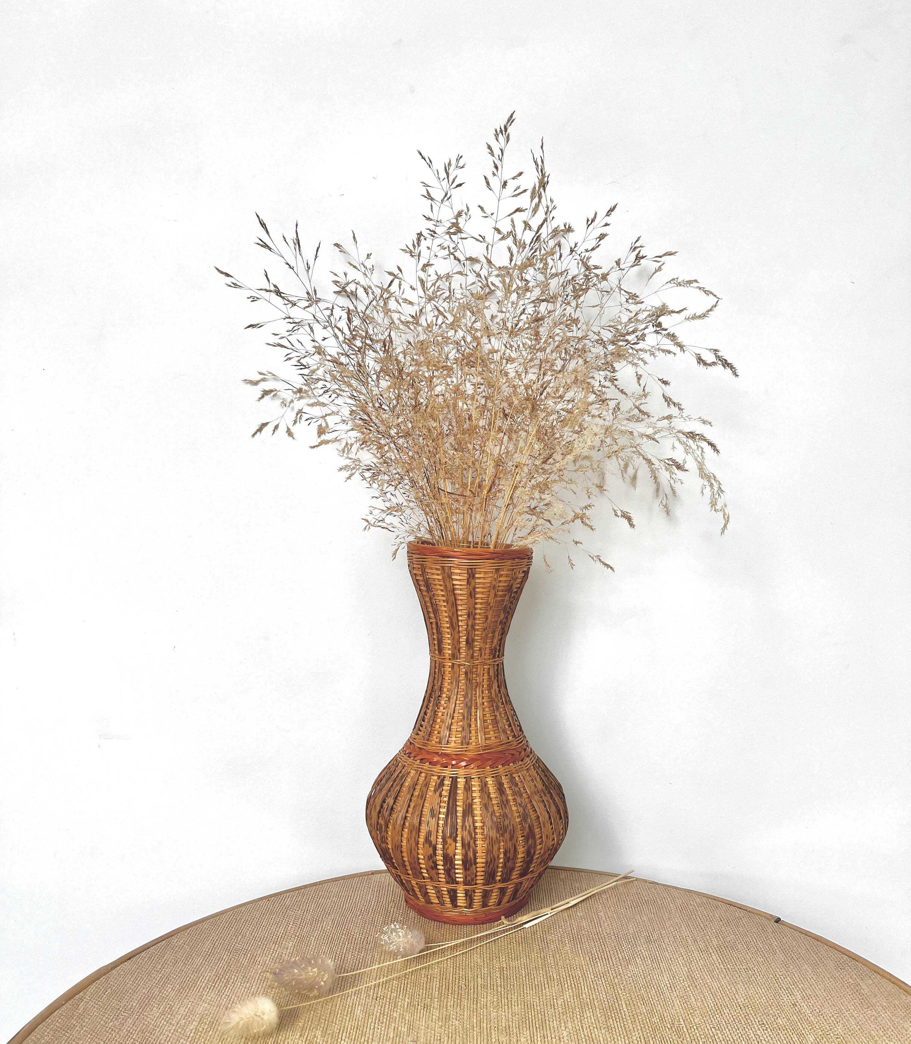 Wicker and woven bamboo vase