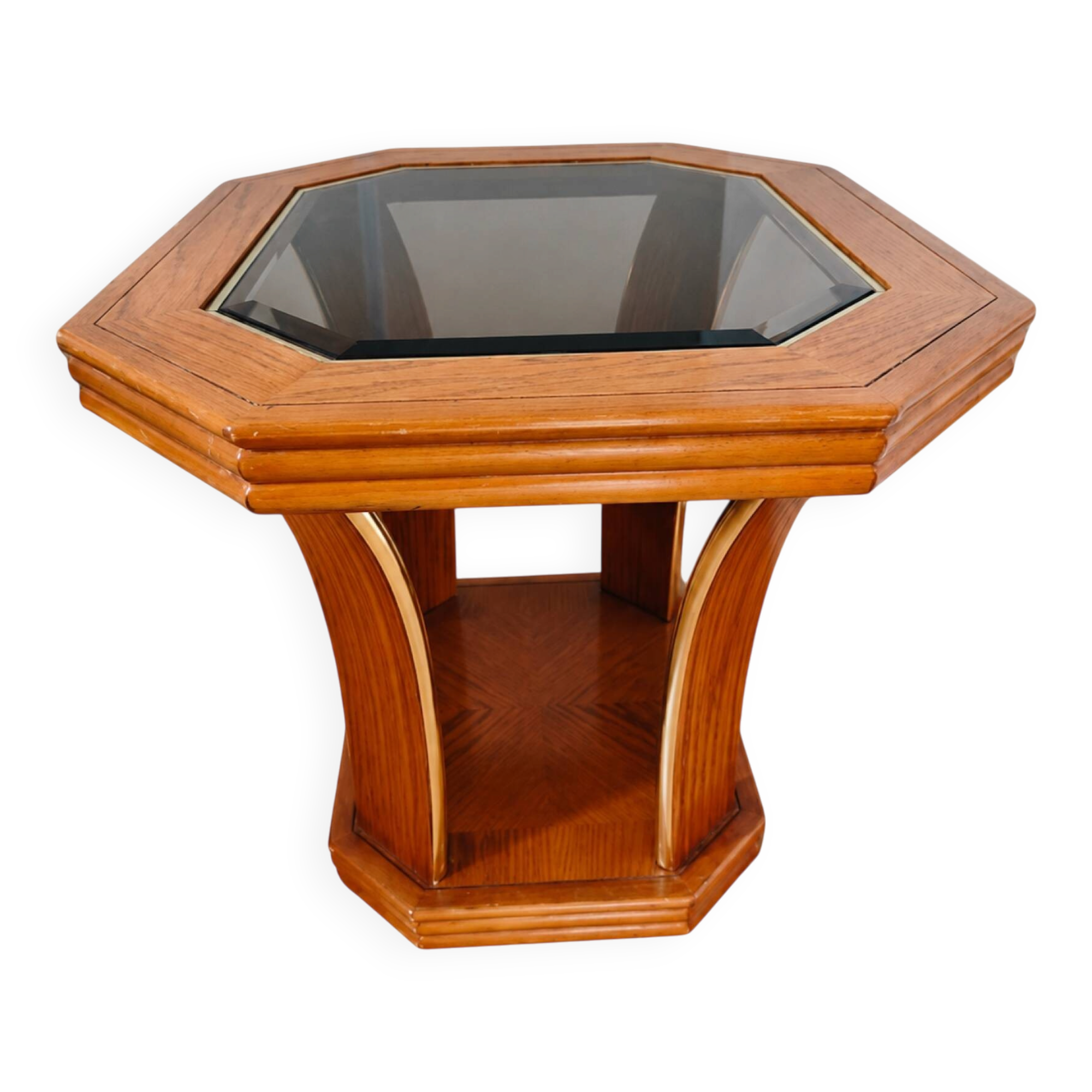 Octagonal side table in oak and glass – Art Deco style