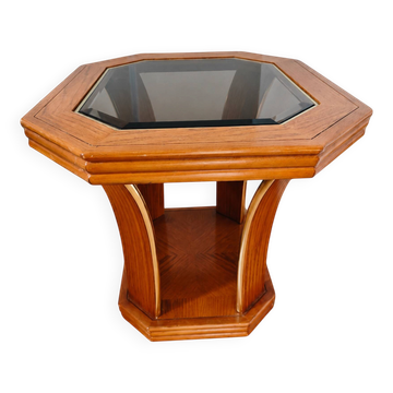 Octagonal side table in oak and glass – Art Deco style