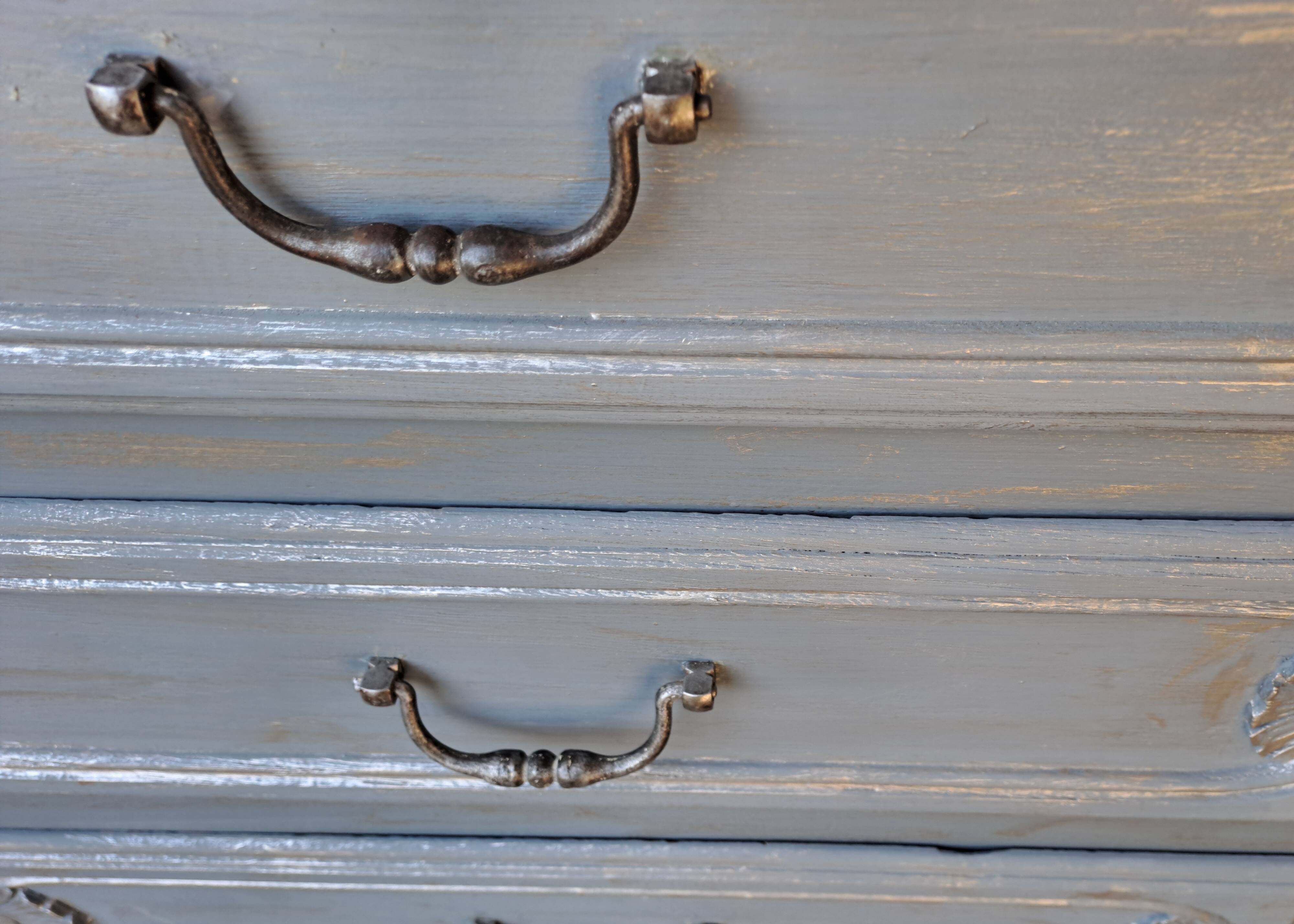 Solid wood chest of drawers painted gray and patinated silver 1940 with 3 drawers