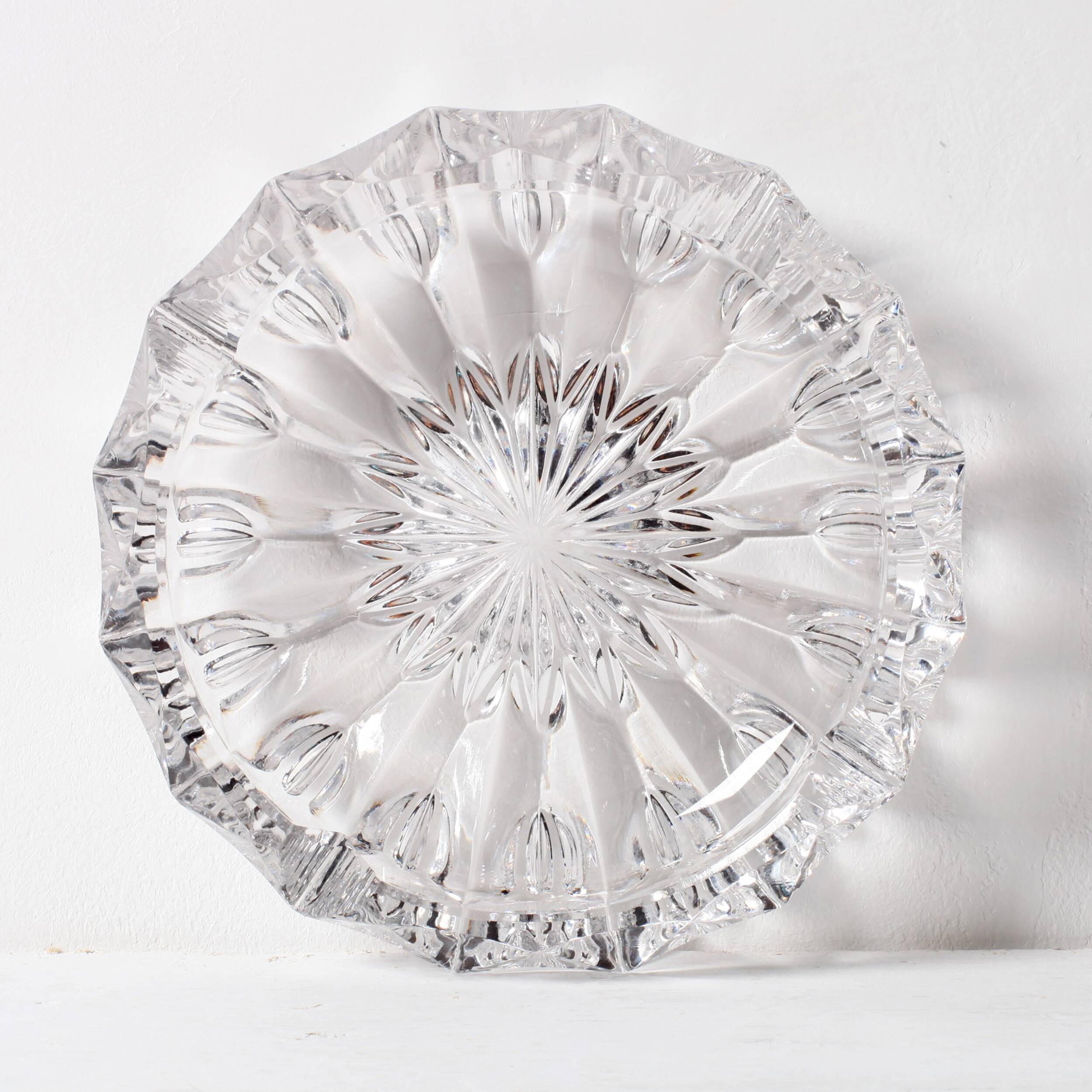 Vintage Heavy Cut Glass Ashtray, Large Round Mid-Century Accessory