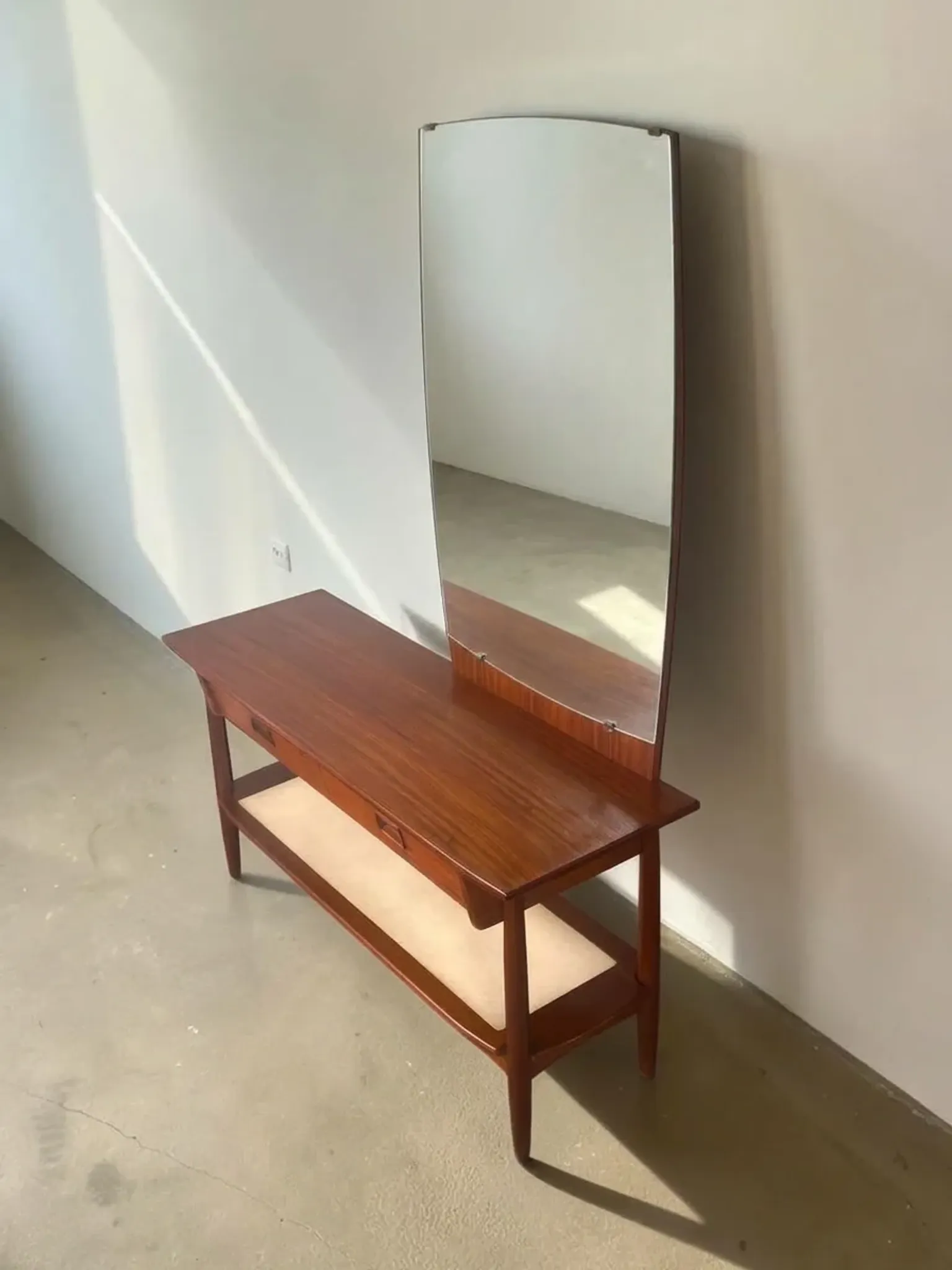 Vintage teak dressing table with mirror and drawers.