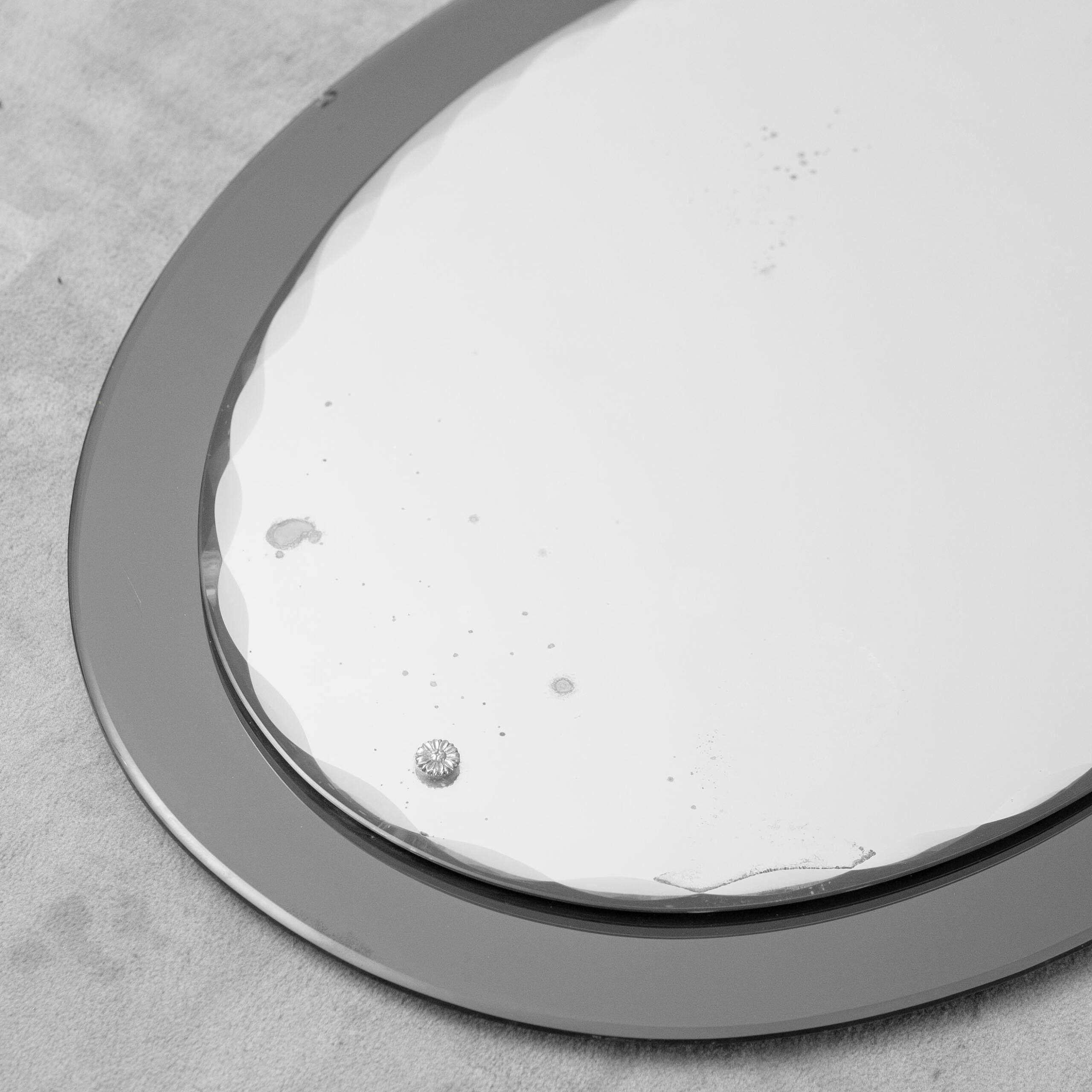 Vintage oval mirror with bevelled edge and smoked border, 1960s modernism