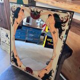 Art Deco style glass mirror, decorated on the reverse, with nude women, signed