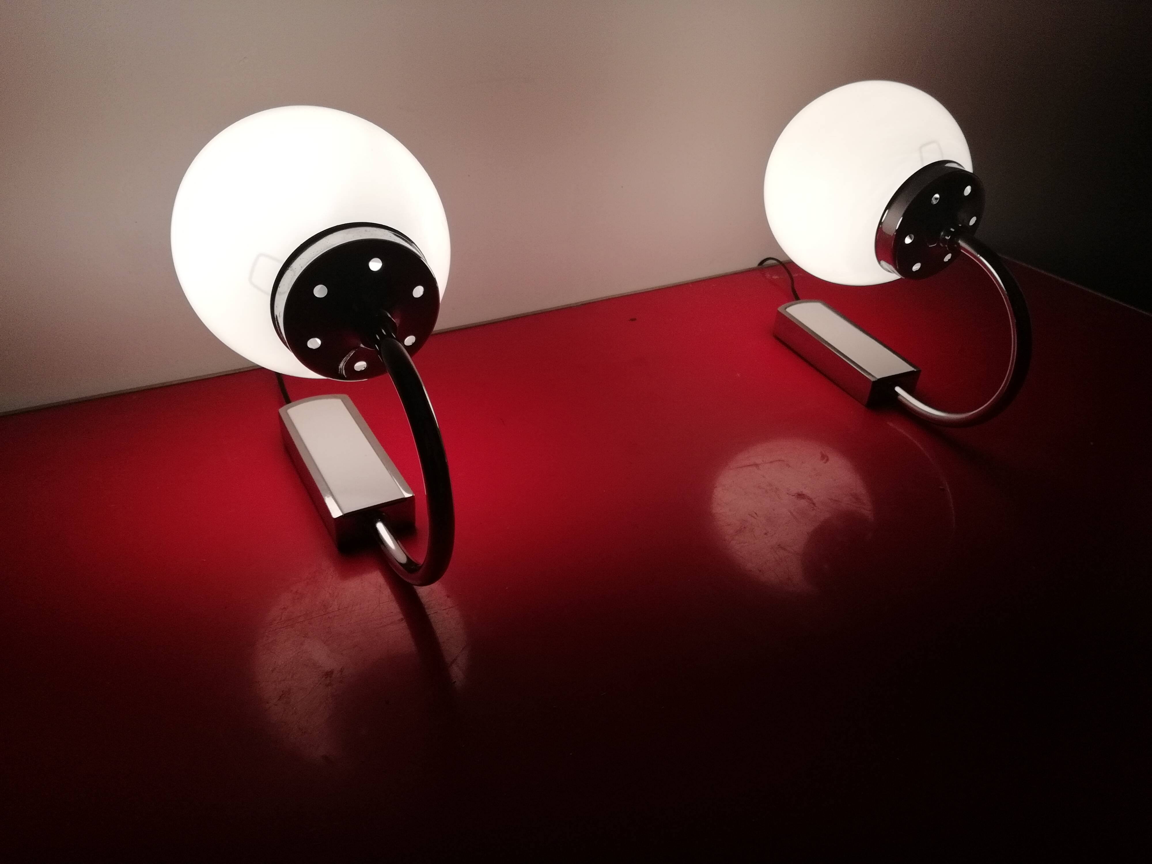Pair of chrome and glass opaline sconces vintage 70s
