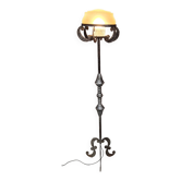 Lampadaire acier martelé et patiné style art deco 160cmx30 verre rose opaque et verre moulé