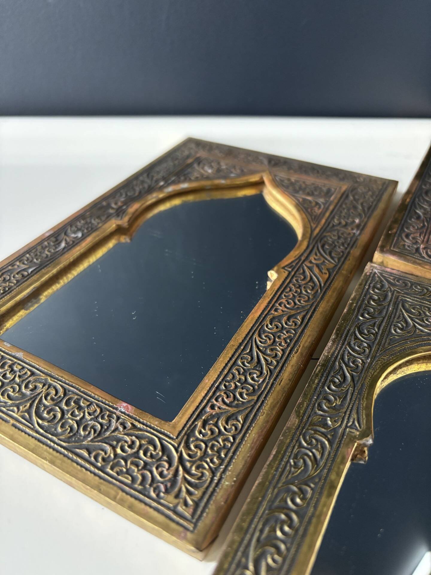 Vintage trio of mirrors in Moroccan style — embossed brass · moucharabieh arch