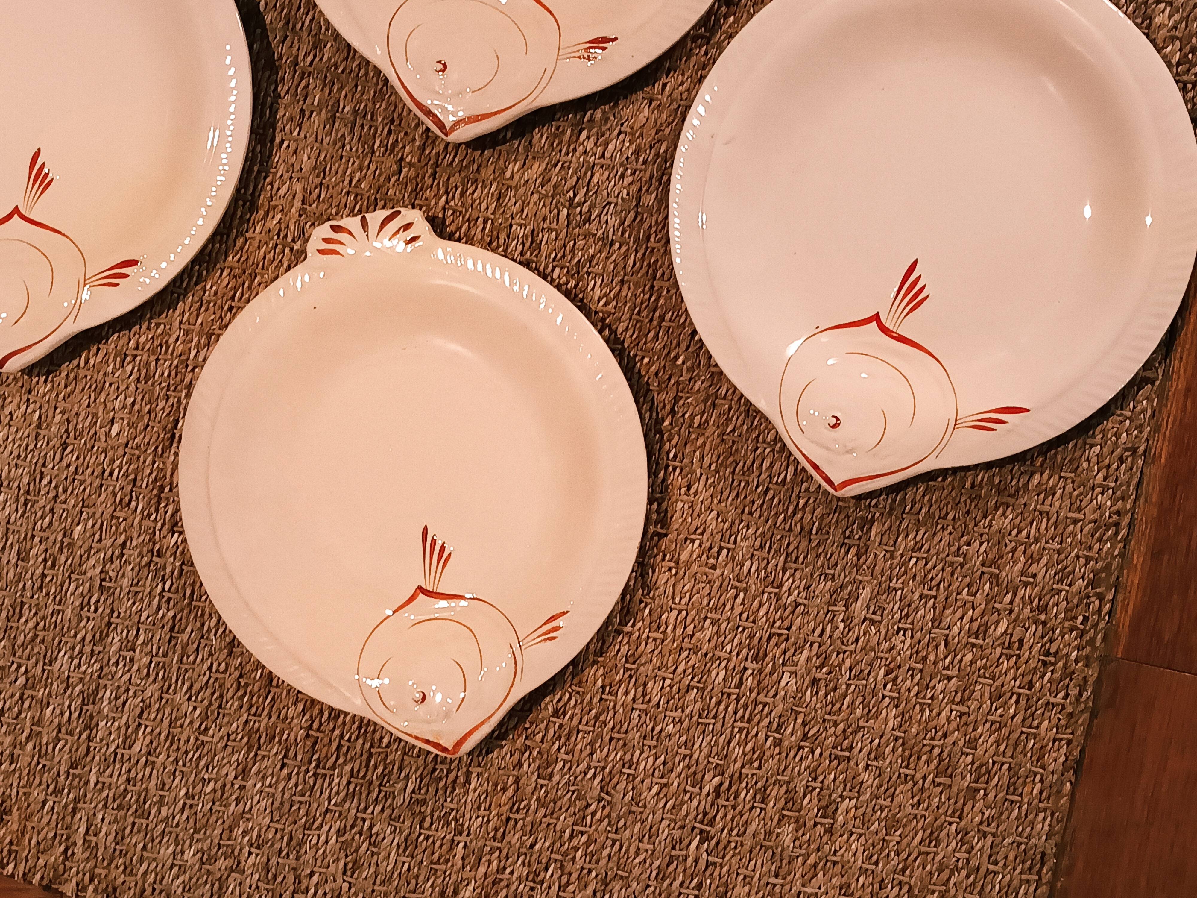 Set of 8 Longwy earthenware fish plates in powder pink